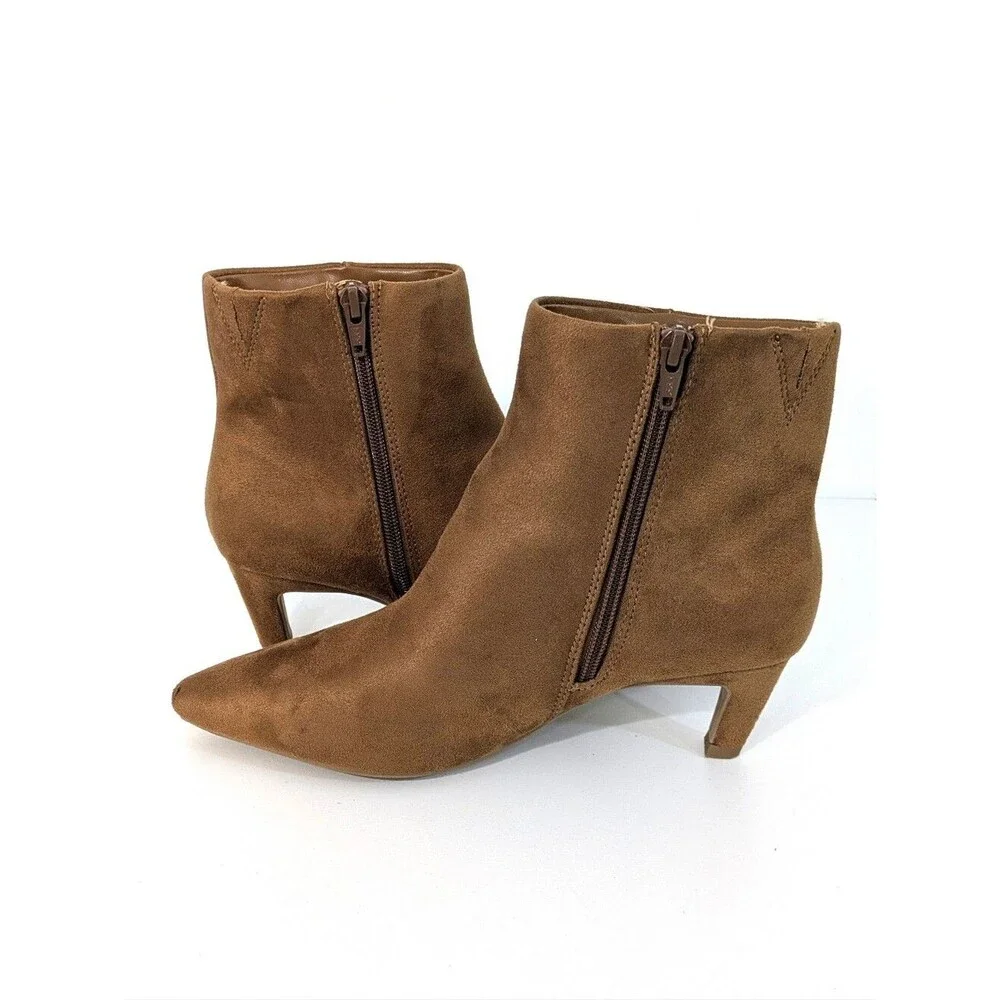 Brown Kitten Heel Microfiber Ankle Boots - Size 7.5 Womens - Faux Suede Booties